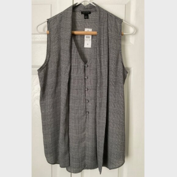 Ann Taylor Houndstooth Plaid Bow Neck Button Down Shell Black & White Size S NWT - Picture 2 of 10